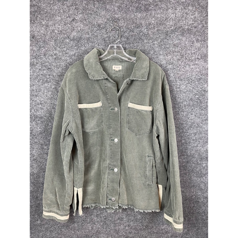 POL Corduroy Shirt Jacket Womens Medium Green Excellent Frayed Hem FWJ43โ